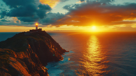 Experience the breathtaking beauty of a sunset as it casts warm hues over a cliffside lighthouse and calm ocean waters, creating a serene coastal atmosphere.の素材
