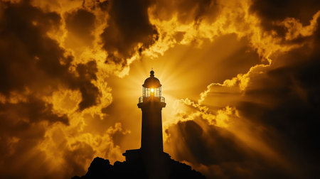 A stunning silhouette of a lighthouse set against a spectacular sunset, showcasing golden rays of light piercing through dark, dramatic clouds. Perfect for coastal themes.の素材