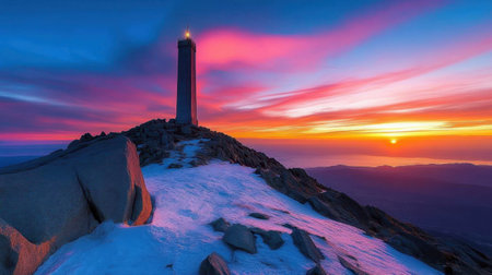 Stunning view of a mountain peak at sunrise, featuring a tower atop rocks and snow, all set against a beautifully colored sky. A perfect blend of natureの素材