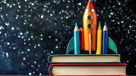 A vibrant arrangement of stationery items shaped like a rocket, positioned on stacked books against a starry background, representing learning and creativity in an educational context.の素材