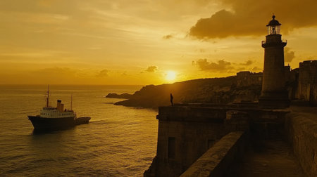 A stunning view of a sunset casting golden hues over calm waters, featuring a silhouette of a lighthouse and a ship gently sailing, enhancing the serene ambiance.の素材
