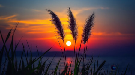 A beautiful sunset scene featuring tall grasses silhouetted against a vibrant sky. This tranquil image perfectly captures the beauty of nature during a peaceful moment by the water.の素材