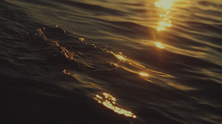 A stunning view of gentle water waves reflecting the warm glow of sunset, creating a peaceful and serene atmosphere perfect for relaxation and artistic inspiration.の素材