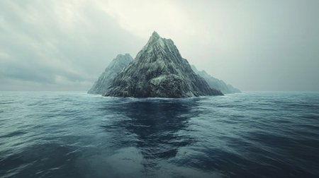 Discover the serene beauty of a rocky island amidst calm waters under a cloudy sky, offering a sense of isolation and tranquility in a breathtaking natural landscape.の素材