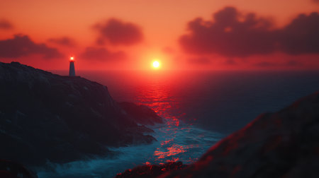 A breathtaking sunset view featuring a lighthouse standing tall on the rocky coastline, as the sun sets over the vibrant ocean waves creating a tranquil atmosphere.の素材