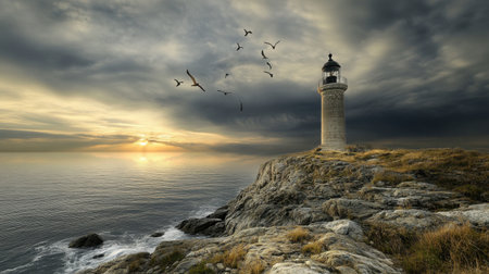 A scenic lighthouse stands proudly on a rocky coastline as dark clouds gather above during a stunning sunset, with seagulls flying gracefully over calm ocean waters.の素材