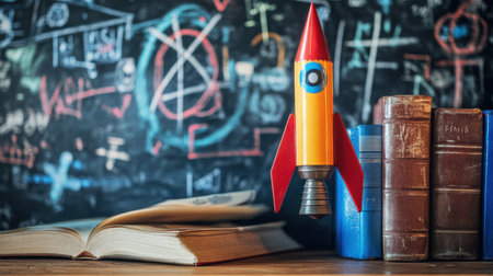 A vibrant toy rocket sits on a desk next to vintage books, set against a colorful chalkboard backdrop, encapsulating the spirit of creativity and learning in an engaging environment.の素材