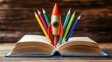 An open book with vibrant pencils and a playful rocket illustrates the themes of creativity, inspiration, and the joy of learning in an educational environment.の素材