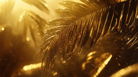 This stunning image captures the enchanting beauty of tropical palm leaves illuminated by golden light, creating a tranquil and vibrant atmosphere perfect for nature enthusiasts.の素材