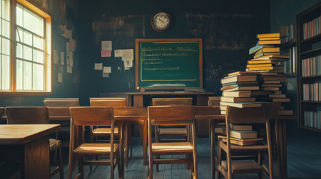 A serene vintage classroom featuring wooden desks and stacks of books, illuminated by soft natural light. An inviting space ideal for learning, reading, and reflection.の素材