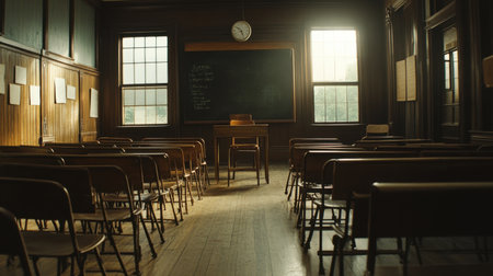 A serene empty classroom featuring wooden desks and a chalkboard, illuminated by warm sunlight, creating a nostalgic ambiance perfect for educational themes.の素材