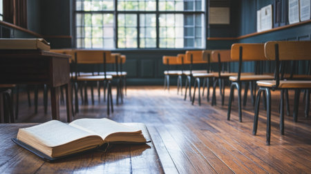 This image captures a vintage classroom setting featuring an open book on a wooden table, surrounded by empty chairs and large windows that fill the space with natural light.の素材