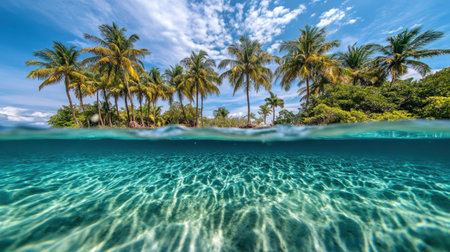 Experience the tranquility of a tropical paradise with crystal clear waters, vibrant palm trees, and a stunning blue sky, perfect for vacation and relaxation.の素材