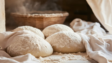 Four dough balls resting on a wooden surface, wrapped in soft linen cloth, creating a warm and inviting scene for artisan bread preparation in a rustic kitchen.の素材