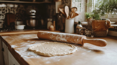 A rustic kitchen scene featuring a rolling pin, floured wooden countertop, and prepared dough, inviting culinary creativity and warmth in home baking activities.の素材