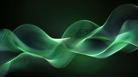 This abstract image showcases a captivating green wave of light energy, representing fluid motion and modern design, perfect for technology-related themes and creative projects.の素材