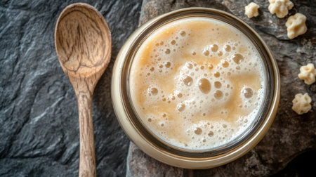 A detailed view of a jar filled with creamy liquid showcasing frothy bubbles, accompanied by a wooden spoon, set against a textured stone background, perfect for culinary themes.の素材
