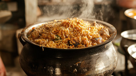 Discover the rich flavors of traditional biryani, showcasing tender meat and fragrant rice, prepared in a clay pot, perfect for any festive occasion. Enjoy the steam and aroma!の素材