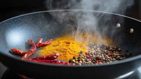 A close-up image of various spices in a frying pan, showcasing steam rising. This visually vibrant composition highlights the essentials of flavor and cooking in the kitchen.の素材