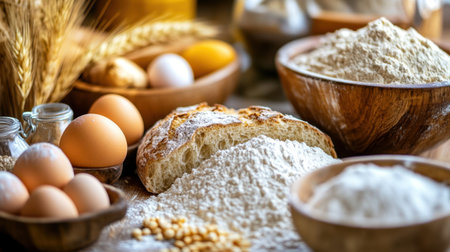 Capture the essence of baking with fresh flour, eggs, and grains arranged in a rustic kitchen. Experience the warmth and creativity of homemade culinary delights.の素材