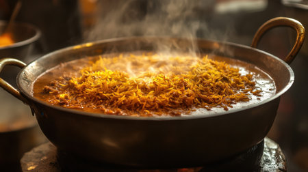 A large pot of biryani on a stovetop, steaming with delicious golden rice. The culinary scene captures the rich flavors and aromas of traditional cooking methods.の素材