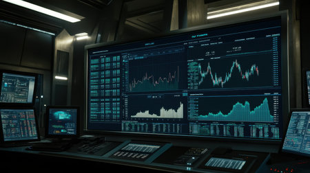 This image showcases a modern trading room with advanced technology where financial data and stock market analytics are monitored across various screens, reflecting real-time information.の素材