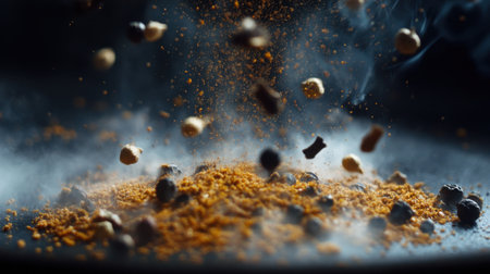This stunning close-up captures an array of spices expertly suspended in mid-air, showcasing vibrant colors and textures that evoke a sense of culinary creativity and flavor adventure.の素材