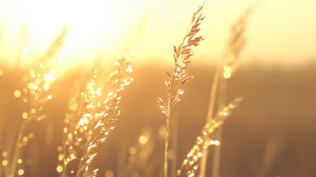 Captivating image of golden grass illuminated by warm sunlight at sunrise, evoking a serene atmosphere and showcasing the delicate beauty of nature in an idyllic setting.の素材