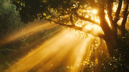 A stunning image of sunlight pouring through the leaves of trees in a forest, creating a magical and warm atmosphere that highlights the beauty of nature during early morning hours.の素材