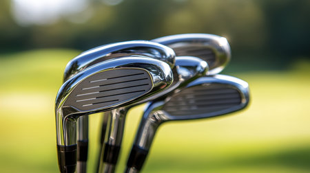 This close-up image features shiny golf irons arranged perfectly, capturing the essence of the sport in a tranquil outdoor setting with soft green hues.の素材