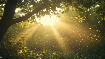 This enchanting image features sunlight streaming through lush forest trees, casting glowing rays and illuminating dancing dust particles for a serene ambiance.の素材