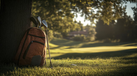 A peaceful scene of a golf bag leaning against a tree, with clubs displayed, highlighting a serene golf course at sunset, perfect for enthusiasts and nature lovers.の素材