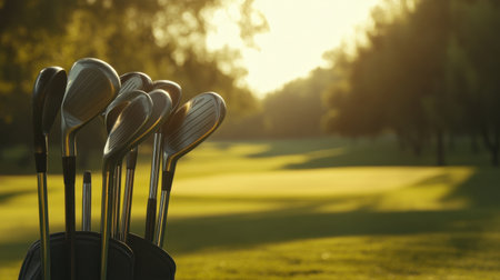 A serene scene featuring golf clubs neatly arranged in a bag, poised for an enjoyable day on the green under the warm sunlight, reflecting leisure and sporting spirit.の素材
