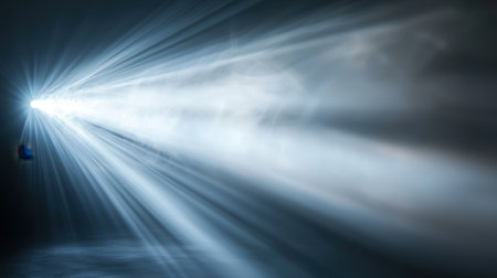 Stunning visual of radiant light beams cutting through dark space, evoking an ethereal atmosphere perfect for artistic projects and creative inspiration.の素材