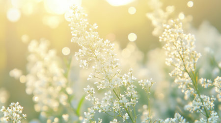 A tranquil scene featuring delicate white flowers illuminated by soft morning light, creating a serene atmosphere with a beautiful bokeh effect in the background.の素材