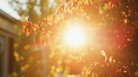 A stunning view of sunlit leaves showcasing warm autumn colors, filled with a soft glow. The image captures the beauty of nature and tranquility amidst bright sunlight.の素材
