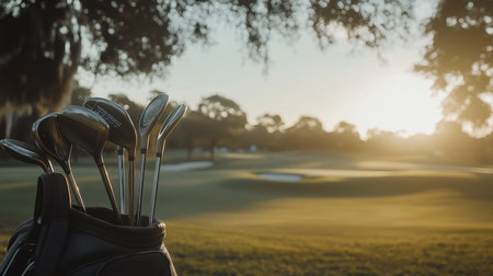 A stunning golf scene featuring clubs in a bag at sunset, showcasing a serene golf course landscape. Ideal for themes of sports, leisure, and outdoor activities.の素材