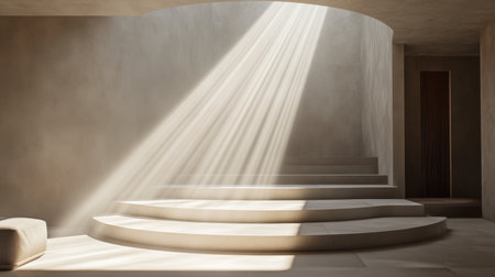 This image features a beautifully designed interior space with soft light rays highlighting elegant curved steps, creating a serene and minimalist ambiance perfect for inspiration.の素材