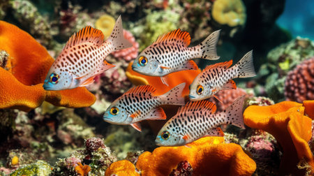 This stunning image showcases colorful tropical fish swimming gracefully among vibrant coral reefs, highlighting the beauty of underwater marine life in a serene ocean setting.の素材