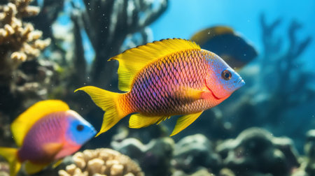 A vibrant tropical fish swims gracefully through clear blue water, showcasing its vivid colors against a stunning coral reef in a lively underwater ecosystem.の素材