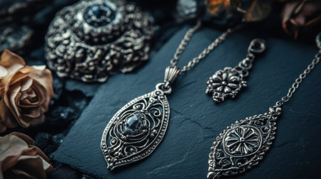 Captivating silver jewelry set featuring intricate designs and gemstone accents, ideal for those seeking to add vintage charm and elegance to their collection or outfit.の素材