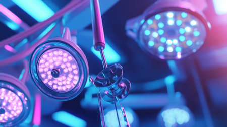Bright and colorful illumination from LED surgical lights highlights modern operating room equipment, showcasing a clean, advanced environment for medical procedures.の素材