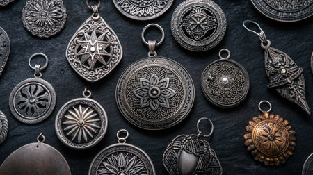 This captivating collection features beautifully crafted antique silver pendants with intricate designs, showcasing their unique textures and artistic appeal on a dark background.の素材