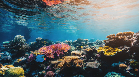 Explore a stunning underwater scene filled with vibrant corals and colorful fish, bathed in sunlight, showcasing the beauty of marine life and ocean ecosystems.の素材