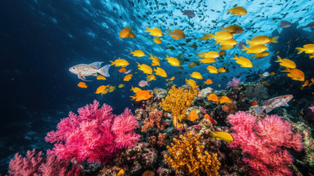 Explore a breathtaking underwater paradise with vibrant coral reefs and schools of tropical fish against a crystal clear ocean backdrop, showcasing marine biodiversity and beauty.の素材
