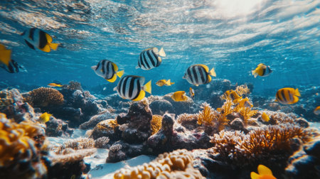 A mesmerizing view of a vibrant underwater scene showcasing colorful fish swimming among coral reefs, highlighting the beauty and diversity of ocean life.の素材