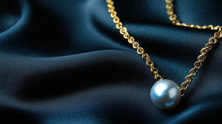 A close-up view of an elegant pearl necklace resting on luxurious blue satin fabric, capturing the beauty of jewelry and the essence of sophistication in fashion settings.の素材