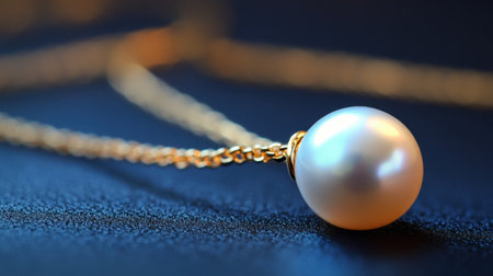 This exquisite close-up image captures a single pearl pendant dangling from a golden chain, embodying elegance and luxury against a rich dark backdrop. Perfect for showcasing refined beauty.の素材