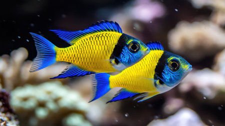 Two vibrant tropical fish swim gracefully through a colorful coral reef, showcasing their bright blue and yellow hues in a serene underwater scene filled with marine life.の素材
