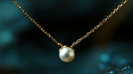 A close-up shot of an exquisite gold necklace featuring a stunning pearl pendant, set against a dark background that enhances its elegance and allure, capturing timeless beauty.の素材